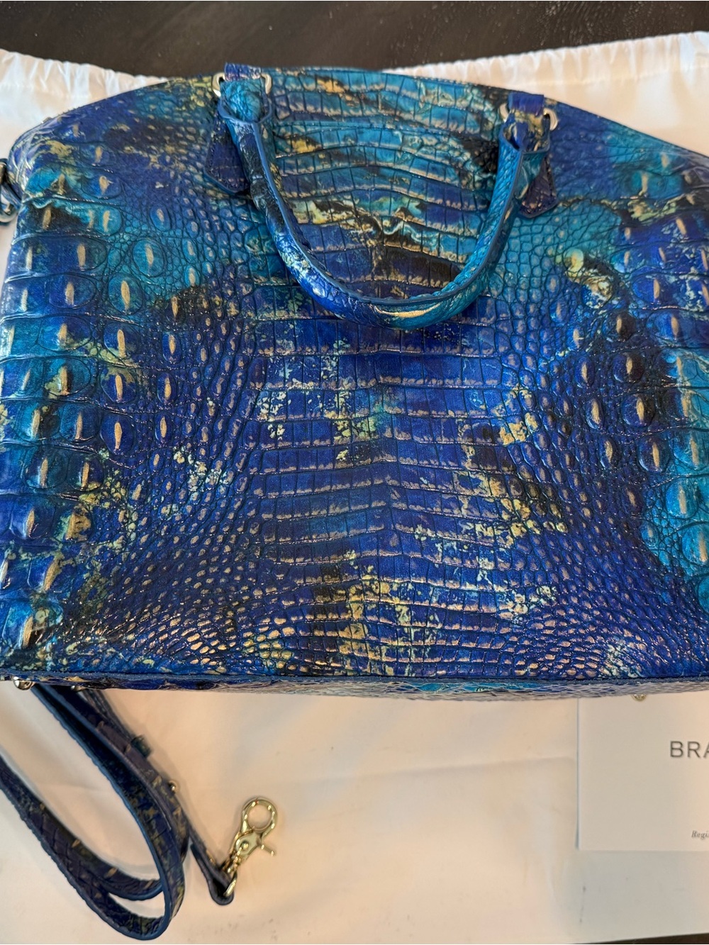 Large Duxbury Satchel - Phthalo Melbourne Blue Green Croc-Embossed Leather - Picture 8 of 12